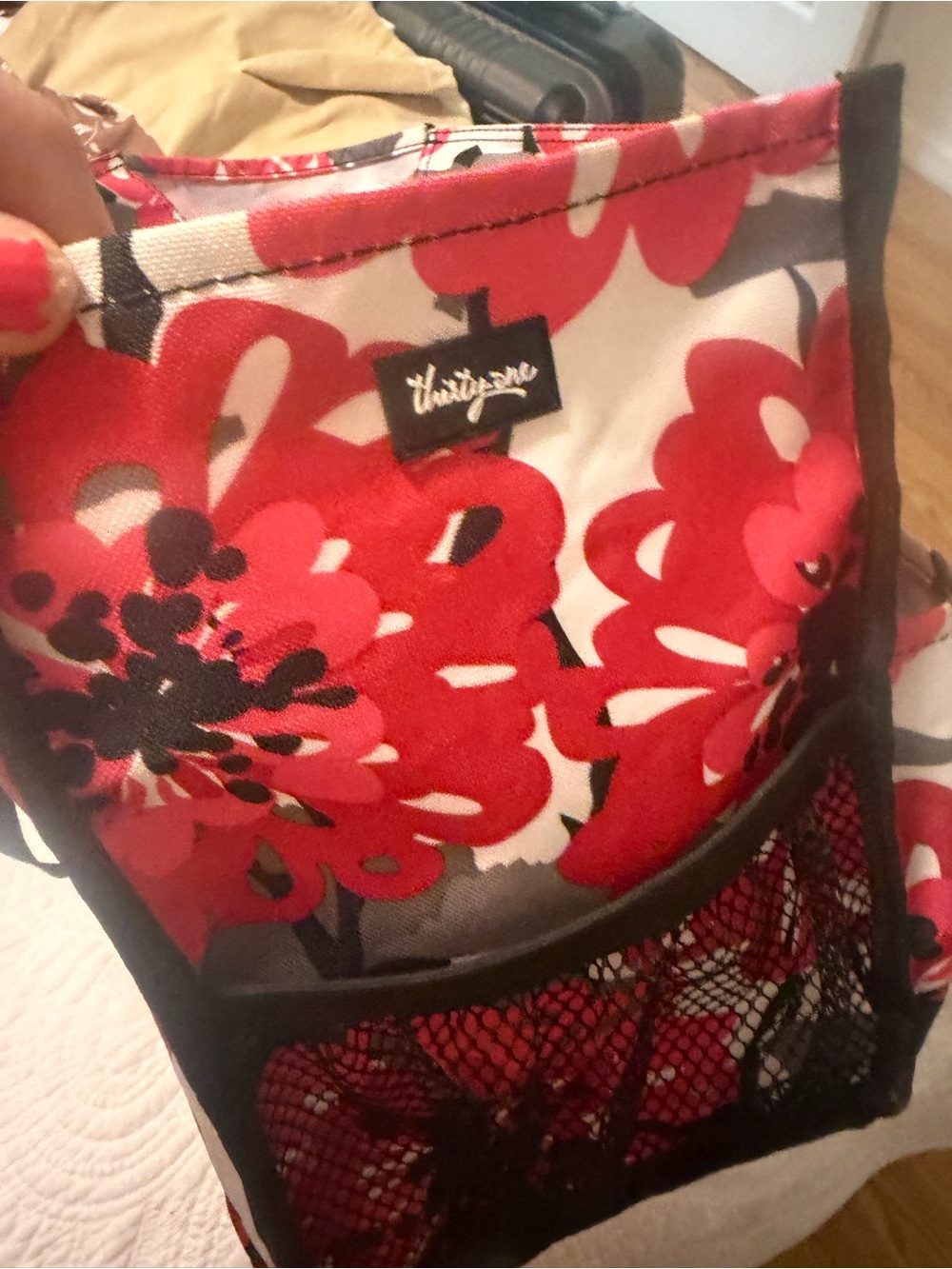 thirty-one Red and White Floral Tote with Black Trim